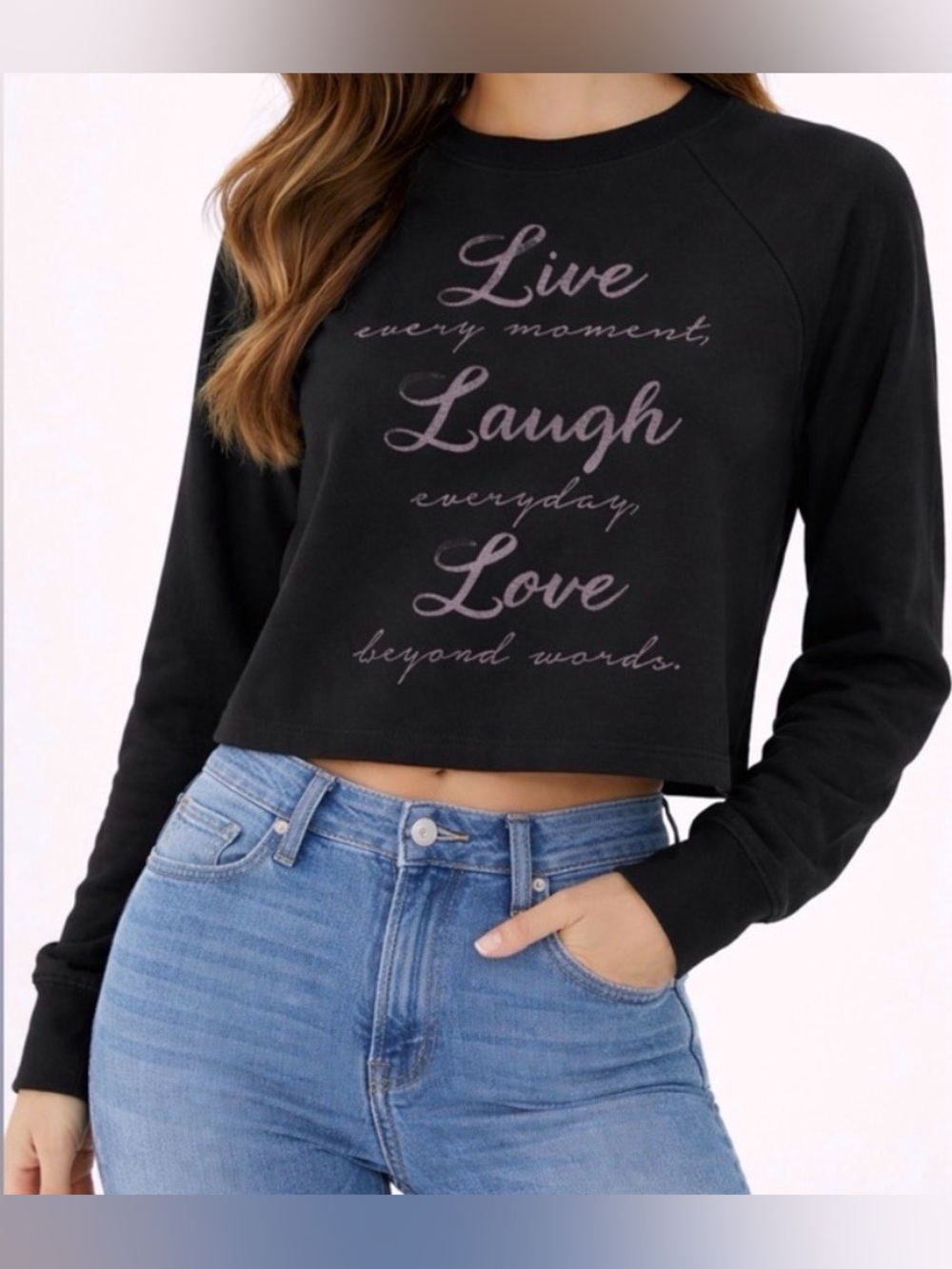 Pink Drop LA Cropped Sweatshirt “Live Laugh Love” Black women’s size XS(A344)✨